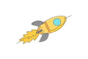 un seul dessin au trait d'une simple fusée vintage décolle dans l'illustration graphique vectorielle de l'espace. cosmos d'exploration galactique avec concept de vaisseau spatial. conception de dessin de ligne continue moderne vecteur