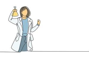 Une seule femme scientifique dessinant une ligne avec un geste de célébration et tenant un tube de mesure pour examiner une solution chimique pour fabriquer un vaccin. illustration vectorielle graphique de conception de dessin de ligne continue vecteur