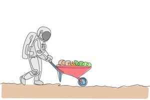 un seul dessin d'astronaute poussant une brouette pleine de fruits et légumes dans l'illustration vectorielle de la surface de la lune. concept d'agriculture spatiale. conception de dessin de ligne continue moderne vecteur