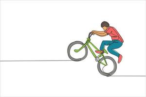 le dessin en ligne continue d'un jeune cycliste bmx montre une astuce extrêmement risquée dans le skatepark. concept de bmx freestyle. illustration vectorielle de dessin à la mode à une ligne pour les médias de promotion de style libre vecteur