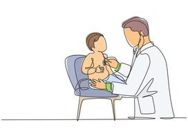 dessin au trait continu unique d'un jeune pédiatre masculin examinant le rythme cardiaque d'un patient mignon en bas âge avec un stéthoscope. Concept de traitement de soins de santé médicaux une ligne dessiner illustration vectorielle de conception vecteur