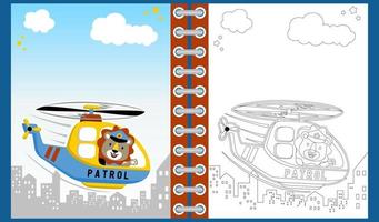 vecteur dessin animé de mignonne Lion sur hélicoptère, coloration livre ou page