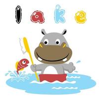 mignonne hippopotame en portant gros brosse à dents avec une poisson sauter en dehors de eau, vecteur dessin animé illustration