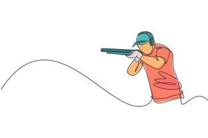 un dessin en ligne continu d'un jeune homme sur le terrain d'entraînement au tir pour la compétition avec un fusil de chasse. concept de sport de tir en plein air. illustration vectorielle de dessin dynamique à une seule ligne vecteur