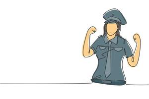 Une seule femme pilote de dessin en ligne continue avec un geste de célébration et un uniforme complet prêt à voler avec le personnel de cabine dans les avions à l'aéroport international. une ligne dessiner illustration vectorielle de conception graphique vecteur