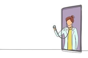 Une femme médecin en continu sort de l'écran du smartphone tenant un stéthoscope. services médicaux en ligne, concept de consultation médicale. illustration graphique de vecteur de conception de dessin à une seule ligne
