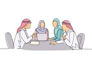 un seul dessin au trait de jeunes employés d'une entreprise musulmane heureuse discutant du plan budgétaire financier. hijab en tissu d'arabie saoudite, kandora, foulard, thobe. illustration vectorielle de ligne continue dessiner conception vecteur