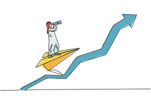 dessin d'une seule ligne un jeune entrepreneur arabe volant avec un avion en papier et analyse les opportunités commerciales. concept minimal de croissance de l'entreprise. ligne continue dessiner illustration vectorielle graphique de conception vecteur