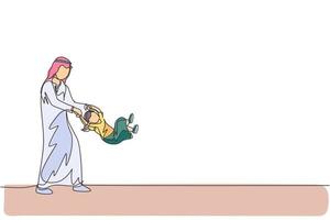 un dessin au trait continu d'un jeune père arabe joue et balance sa fille à la maison. heureux concept de famille parentale musulmane islamique. illustration vectorielle de dessin dynamique à une seule ligne vecteur