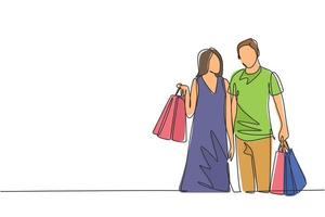 une seule ligne dessinant un jeune couple romantique heureux tenant des sacs en papier après avoir acheté une robe et des besoins personnels ensemble au centre commercial. concept de magasinage commercial. illustration de conception de dessin en ligne continue vecteur