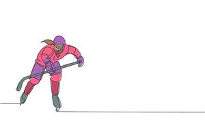 un dessin en ligne continue d'un jeune joueur de hockey sur glace professionnel frappe la rondelle et attaque sur l'arène de la patinoire. concept de sport d'hiver extrême. illustration vectorielle graphique de conception de dessin à une ligne à la mode vecteur