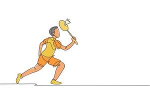 le dessin en ligne continue d'un jeune joueur de badminton agile prend un coup de l'adversaire. concept d'entraînement sportif. illustration vectorielle de dessin à la mode sur une ligne pour la publication du tournoi de badminton vecteur