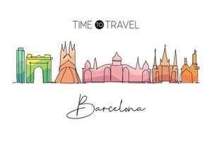 dessin en ligne continue unique des toits de la ville de barcelone, espagne. célèbre carte postale de paysage de gratte-ciel de la ville. art de l'affiche de décoration murale de concept de voyage dans le monde. illustration vectorielle de dessin à une ligne moderne vecteur