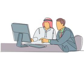 un seul dessin d'un jeune homme d'affaires musulman heureux discutant du plan budgétaire avec un collègue. tissu d'arabie saoudite shmag, kandora, foulard, thobe. illustration vectorielle de ligne continue dessiner conception vecteur