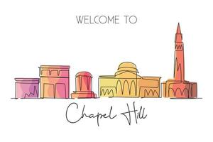 dessin en ligne continue unique de l'horizon de la ville de chapel hill, caroline du nord. ville célèbre pour l'impression de décoration murale. concept de voyage mondial. trait modifiable illustration vectorielle de dessin à une ligne moderne vecteur