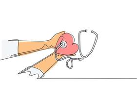 un seul dessin au trait d'un jeune médecin tenant un stéthoscope et une décoration en forme de coeur comme symbole de battement cardiaque sain. concept de soins de santé médicaux ligne continue dessiner illustration graphique vectorielle de conception vecteur