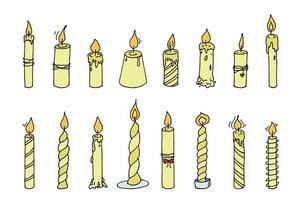 ensemble de bougies d'anniversaire brûlantes. illustration de doodle unique. clipart dessiné à la main pour carte, logo, design vecteur