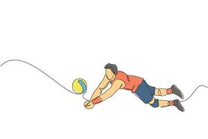 Célibataire continu ligne dessin de Masculin Jeune volley-ball athlète joueur dans action sauter bloquer le Balle sur rechercher. équipe sport concept. compétition jeu. branché un ligne dessiner conception vecteur illustration