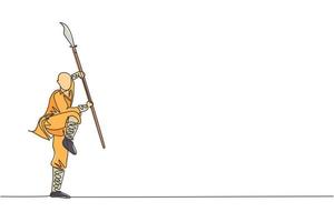 dessin en ligne continue unique d'un jeune moine shaolin musclé tenant une formation de lance au temple shaolin. concept de combat de kung fu traditionnel chinois. illustration vectorielle de conception de dessin à une ligne à la mode vecteur