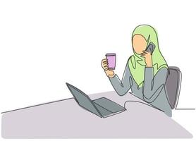 dessin au trait continu unique d'une jeune employée de bureau musulmane parlant avec son partenaire au téléphone. hijab et voile en tissu pour femmes arabes du moyen-orient. illustration de conception de dessin d'une ligne vecteur