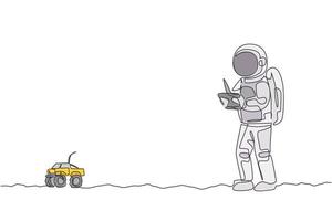Astronaute de dessin au trait continu unique jouant au contrôle radio de monster truck dans la surface de la lune. s'amuser pendant les loisirs sur le concept de l'espace extra-atmosphérique. Une ligne à la mode dessiner illustration vectorielle de conception graphique vecteur