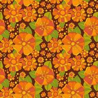 brillant coloré floral sans couture modèle inspiré par le années 70, hippie, et sensationnel esthétique. orange, Jaune fleurs sur foncé Contexte. coloré rétro conception pour imprimer, mode fins vecteur