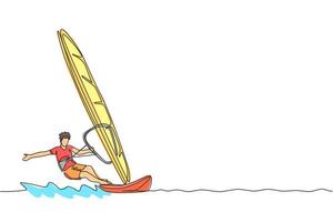 dessin en ligne continue d'un jeune surfeur sportif jouant à la planche à voile dans la mer. concept de sport de mer extrêmement dangereux. vacances d'été. illustration vectorielle de conception de dessin à une ligne à la mode vecteur