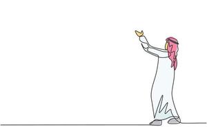dessin au trait continu unique d'un jeune homme d'affaires arabe levant les mains vers le ciel pour prier le dieu. ouvrier de prière. concept de minimalisme dynamique une ligne dessiner illustration vectorielle de conception graphique vecteur