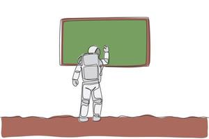 un seul dessin d'un jeune astronaute écrivant sur un tableau blanc pour enseigner à certains étudiants l'illustration vectorielle graphique de la surface de la lune. concept d'espace lointain de cosmonaute. conception de dessin de ligne continue moderne vecteur