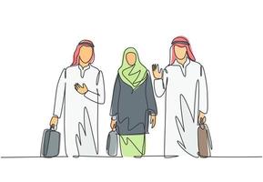 un dessin au trait continu de jeunes managers musulmans masculins et féminins faisant un voyage d'affaires avec des collègues. vêtements islamiques shemag, kandura, hijab, keffieh. illustration vectorielle de dessin à une seule ligne vecteur