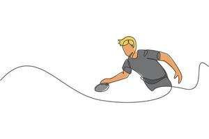 un dessin en ligne continu d'un jeune homme sportif joueur de tennis de table se concentre sur la pratique. concept de sport de compétition. illustration graphique vectorielle de conception de dessin à une seule ligne pour laffiche du championnat de ping pong vecteur