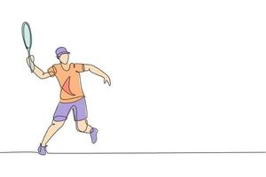 une seule ligne dessinant un jeune homme énergique joueur de tennis a frappé l'illustration vectorielle graphique de balle. concept d'entraînement sportif. conception moderne de dessin en ligne continue pour la bannière et l'affiche du tournoi de tennis vecteur