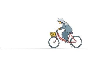 dessin au trait continu unique d'une jeune travailleuse arabe de beauté à vélo au bureau. femme d'affaires professionnelle. concept de minimalisme dynamique une ligne dessiner illustration vectorielle de conception graphique vecteur