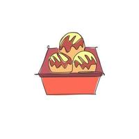 dessin en ligne continue unique de l'étiquette stylisée du logo de la balle takoyaki japonaise. concept de restaurant de fruits de mer emblème. illustration vectorielle de conception de dessin à une ligne moderne pour un café, un magasin ou un service de livraison de nourriture vecteur