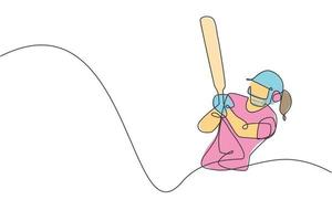 dessin en ligne continue unique d'une jeune femme agile joueuse de cricket prête à frapper la balle à l'illustration vectorielle du stade. concept d'exercice sportif. conception à la mode d'une ligne pour les médias de promotion du cricket vecteur