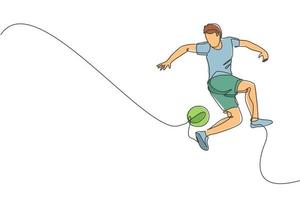 un dessin en ligne continu d'un jeune homme sportif joueur de football freestyler s'entraînant à jongler avec la balle avec le talon dans la rue. concept de sport de style libre de football. illustration vectorielle de dessin à une seule ligne vecteur