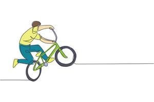 un seul dessin au trait d'un jeune cycliste bmx effectuant un tour de style libre sur l'illustration vectorielle de la rue. concept de sport extrême. conception de dessin en ligne continue moderne pour la bannière de compétition de style libre vecteur