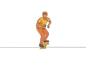 dessin en ligne continue d'un jeune skateur cool faisant du skate et exécutant des tours dans le skate park. pratiquer le concept de sport en plein air. graphique d'illustration vectorielle de conception de dessin à la mode d'une ligne vecteur