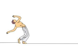 un seul dessin au trait d'un jeune homme énergique danseur de capoeira effectuer une illustration vectorielle graphique de combat de danse. concept de sport de style de vie d'art martial traditionnel. conception moderne de dessin en ligne continue vecteur