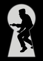 Illustration silhouette d'un voleur vu à travers un trou de serrure vecteur