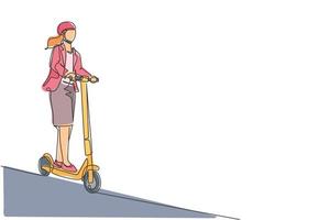 un seul dessin au trait d'une jeune travailleuse énergique chevauchant un scooter électrique à l'illustration vectorielle de bureau. futurs transports. concept de sport de mode de vie sain. conception de dessin de ligne continue moderne vecteur
