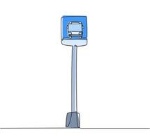 dessin d'une seule ligne d'un arrêt de bus avec un simple panneau de bus situé sur le côté d'une route urbaine où les passagers montent et descendent. ligne continue moderne dessiner illustration vectorielle graphique de conception. vecteur