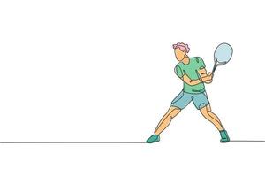 un dessin d'une seule ligne de jeune joueur de tennis énergique se prépare à frapper l'illustration vectorielle de balle. concept d'entraînement sportif. conception moderne de dessin en ligne continue pour la bannière et l'affiche du tournoi de tennis vecteur