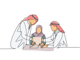 un seul dessin de jeunes managers musulmans heureux discutant et concevant la politique de l'entreprise. tissu d'arabie saoudite shmag, hijab, foulard, thobe. illustration vectorielle de ligne continue dessiner conception vecteur