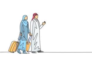 un seul dessin au trait de jeunes employés musulmans heureux, hommes et femmes, après un voyage d'affaires. tissu d'arabie saoudite shmag, kandora, thobe, ghutra, hijab. illustration vectorielle de ligne continue dessiner conception vecteur
