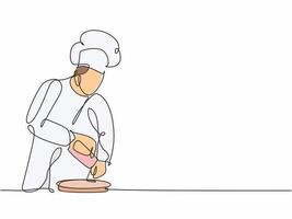 dessin d'une seule ligne d'un jeune chef masculin heureux pétillant de sel et de poivre dans un steak de boeuf sur une poêle à griller dans une cuisine commerciale. modèle moderne une ligne dessinés à la main style minimalisme illustration vectorielle vecteur