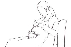 une content Enceinte femme placement sa mains sur sa bébé bosse dans une main tiré vecteur illustration