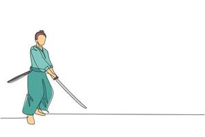 dessin en ligne continue d'un jeune guerrier samouraï fort portant l'uniforme traditionnel tenant l'épée au festival. ancien concept de soldat de chasse. illustration vectorielle de conception de dessin à une ligne à la mode vecteur