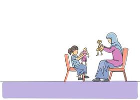 dessin au trait continu unique d'une jeune maman et d'une fille arabes jouant ensemble à la poupée princesse à la maison. concept de maternité de famille heureuse musulmane islamique. illustration vectorielle de conception de dessin à la mode une ligne vecteur