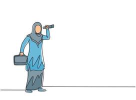 une seule ligne dessinant une jeune femme d'affaires arabe analyse la situation du marché avec un monoculaire. Défi commercial. concept de métaphore minimale. illustration vectorielle graphique de conception de ligne continue moderne vecteur